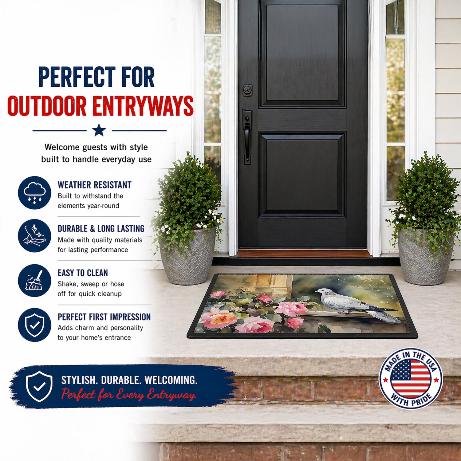 White Dove with Flowers Peaceful Doormat Indoor Outdoor 18H X 27W Front Door Mat Rugs for Entryway, Non Slip Washable
