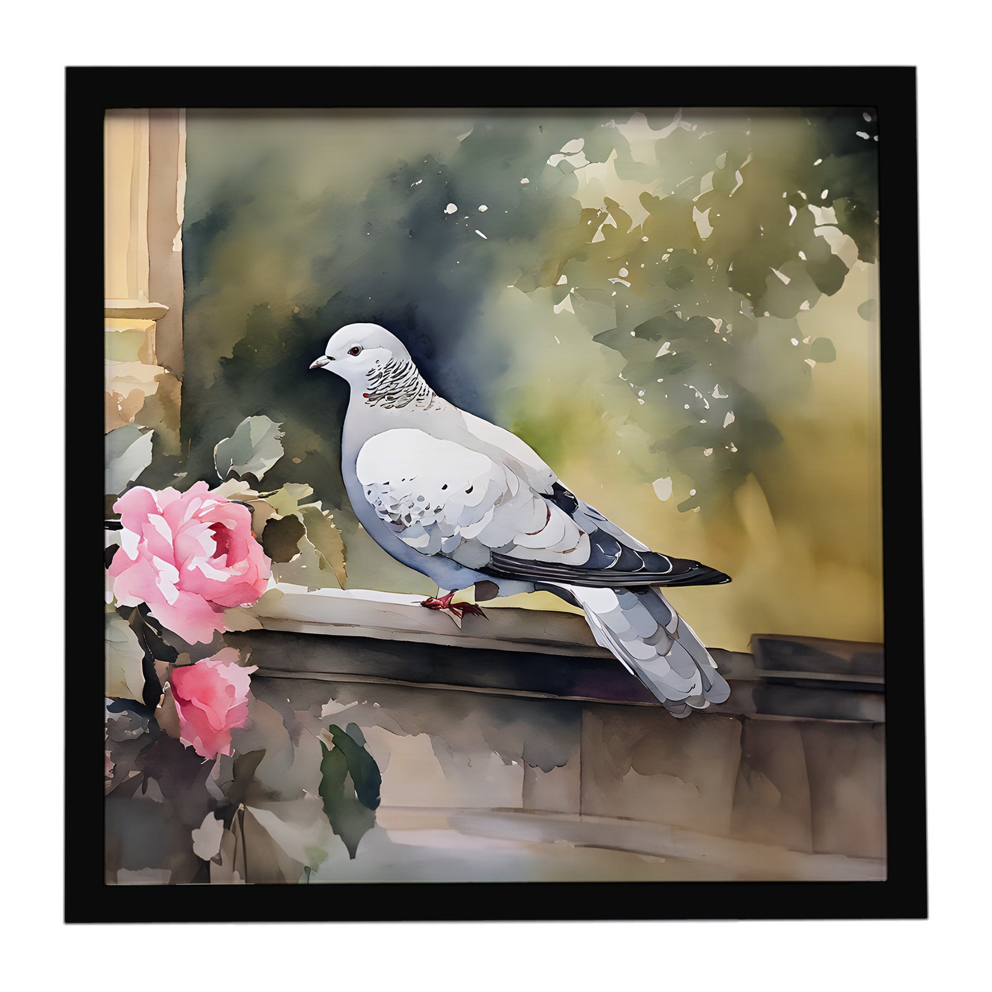 White Dove with Flowers Peaceful Framed Metal Print Bathroom, Kitchen, Office, Home Decor Wall Art Ready to Hang, Square, 8X8