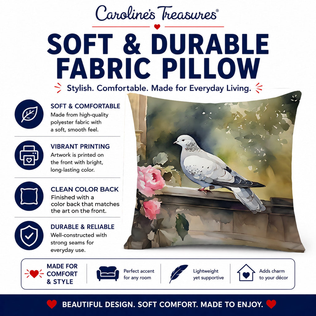 White Dove with Flowers Peaceful Decorative Throw Pillow 14x14 Indoor Outdoor Accent Cushion, Fabric Cover with Insert for Sofa, Bed, Porch & Living Room