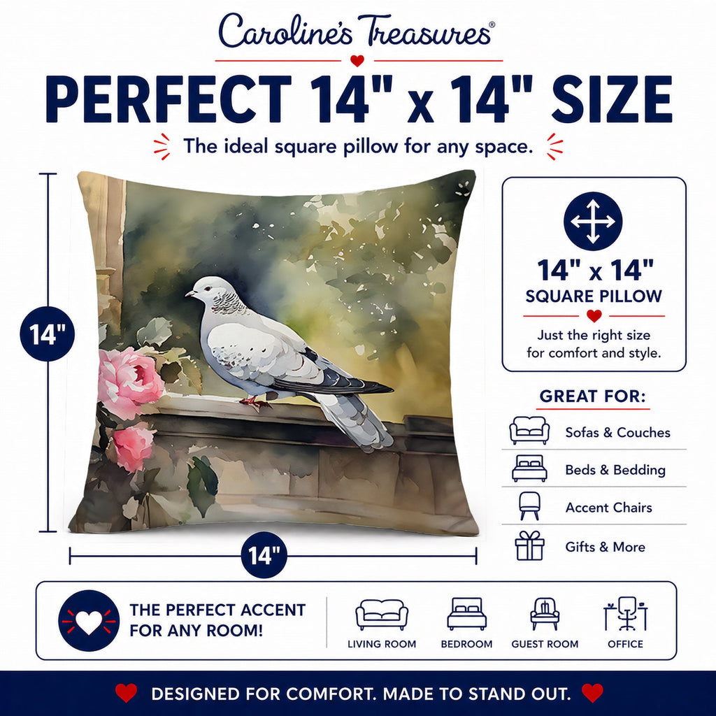 White Dove with Flowers Peaceful Decorative Throw Pillow 14x14 Indoor Outdoor Accent Cushion, Fabric Cover with Insert for Sofa, Bed, Porch & Living Room