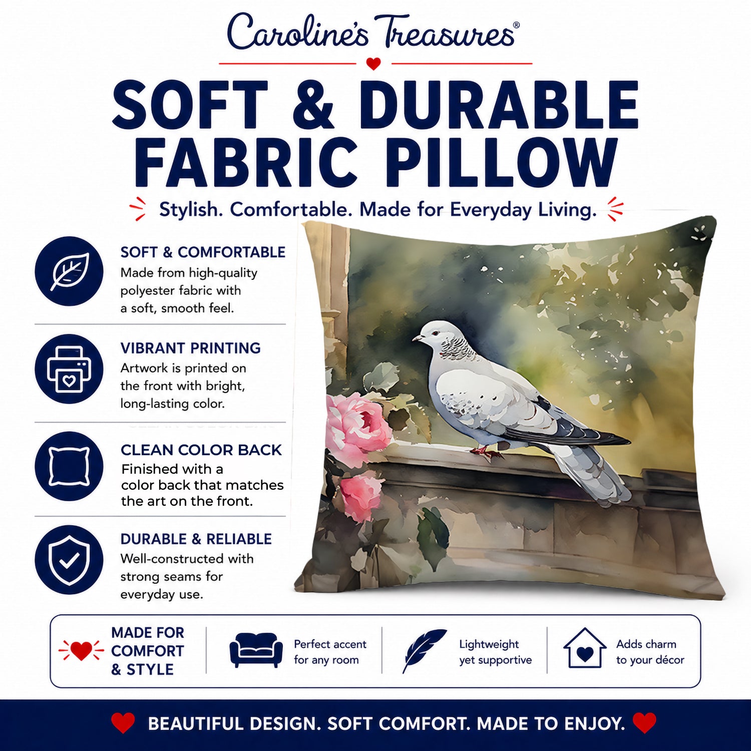 White Dove with Flowers Peaceful Decorative Throw Pillow 18x18 Indoor Outdoor Accent Cushion, Fabric Cover with Insert for Sofa, Bed, Porch & Living Room