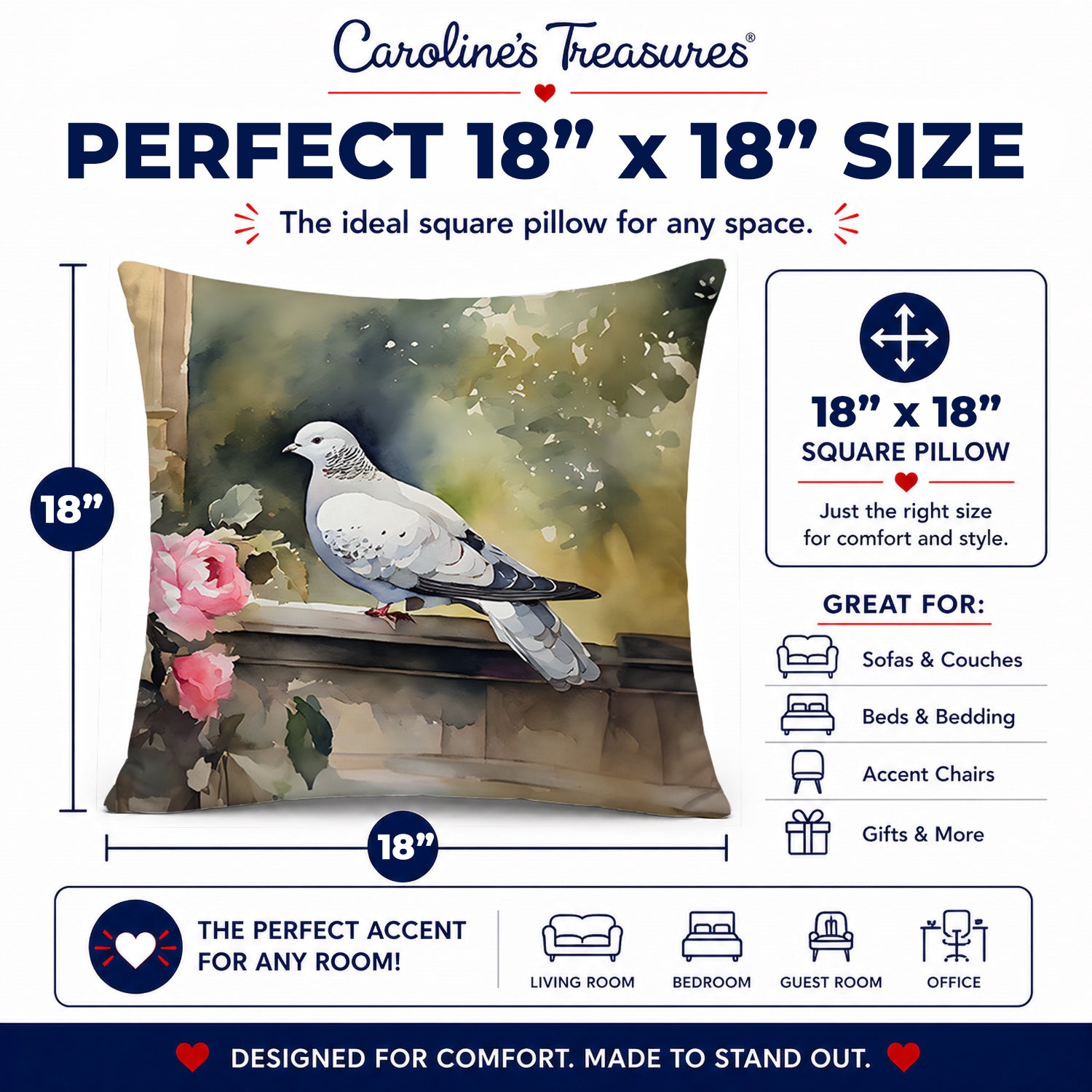 White Dove with Flowers Peaceful Decorative Throw Pillow 18x18 Indoor Outdoor Accent Cushion, Fabric Cover with Insert for Sofa, Bed, Porch & Living Room