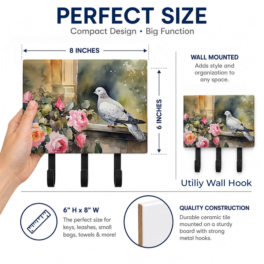 White Dove with Flowers Peaceful Leash or Key Holder Wall Hooks, Coat Rack Wall Mount, for Hanging Keys, Towels, Aprons, Leashes
