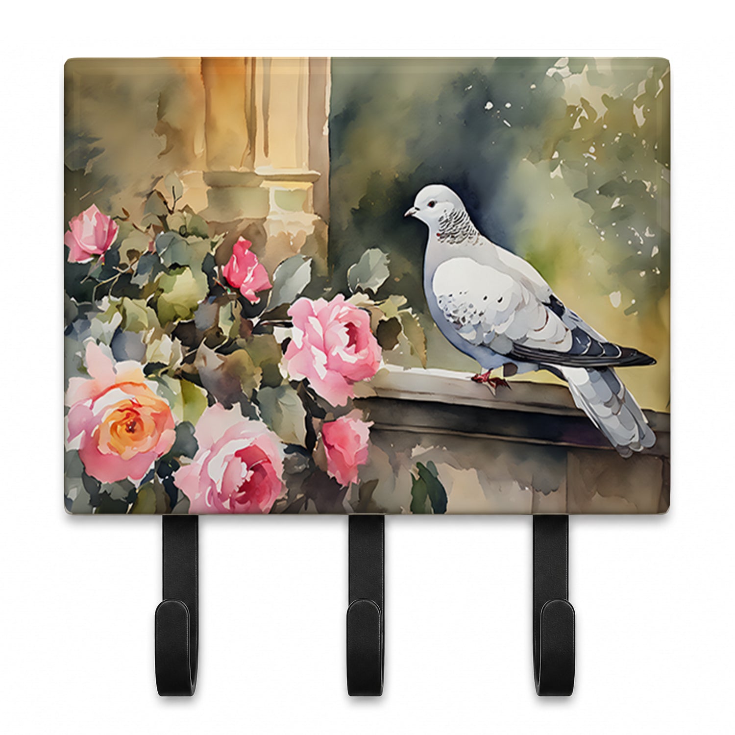 White Dove with Flowers Peaceful Leash or Key Holder Wall Hooks, Coat Rack Wall Mount, for Hanging Keys, Towels, Aprons, Leashes