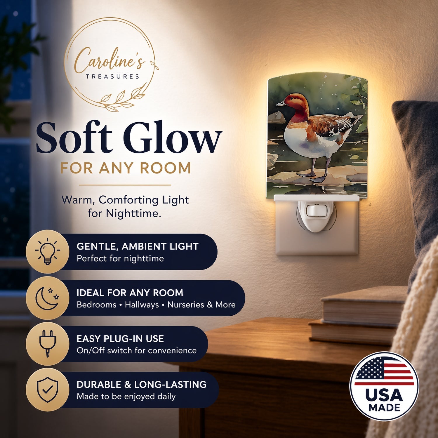 Redhead Duck Standing by Water Ceramic Night Light Compact, UL-Certified, Ideal for Bedroom, Bathroom, Nursery, Hallway, Kitchen, 6x4x3, Multicolor