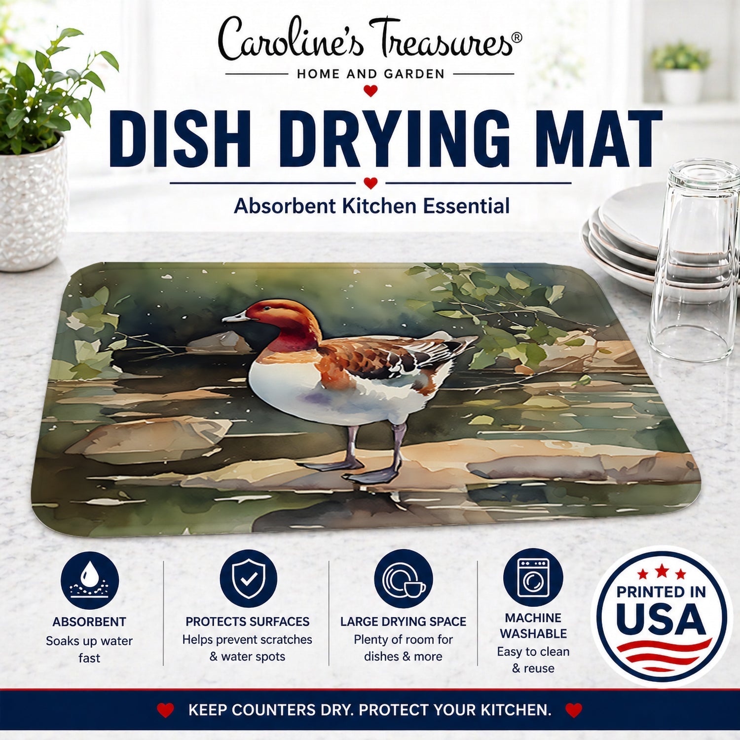Redhead Duck Standing by Water Dish Drying Mat Absorbent Dish Drying Mat Pad for Kitchen Counter Dish Drainer Mat for Countertop, 14 x 21", Multicolor