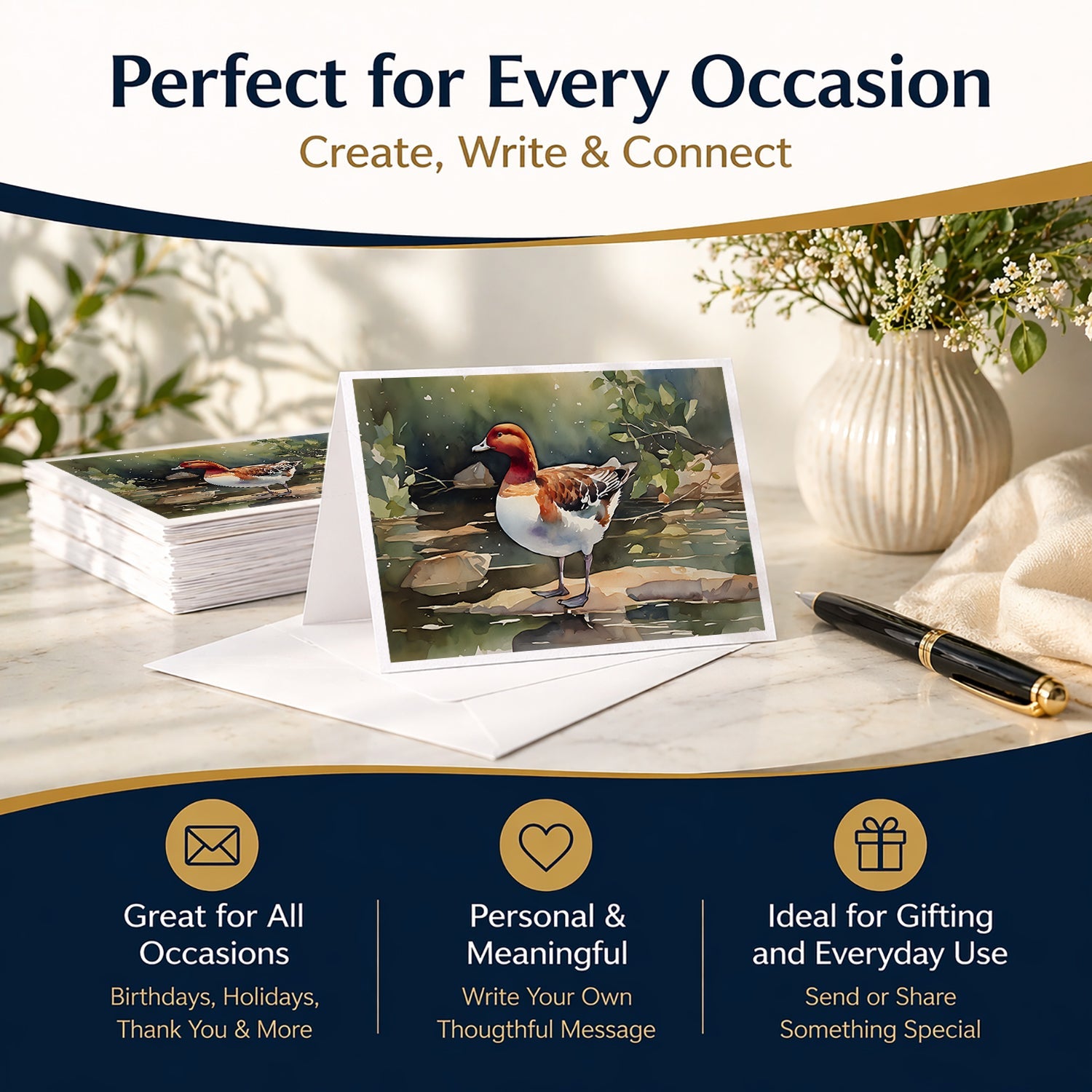 Redhead Duck Standing by Water Greeting Cards Pack of 8 Blank Cards with Envelopes Whimsical A7 Size 5x7
