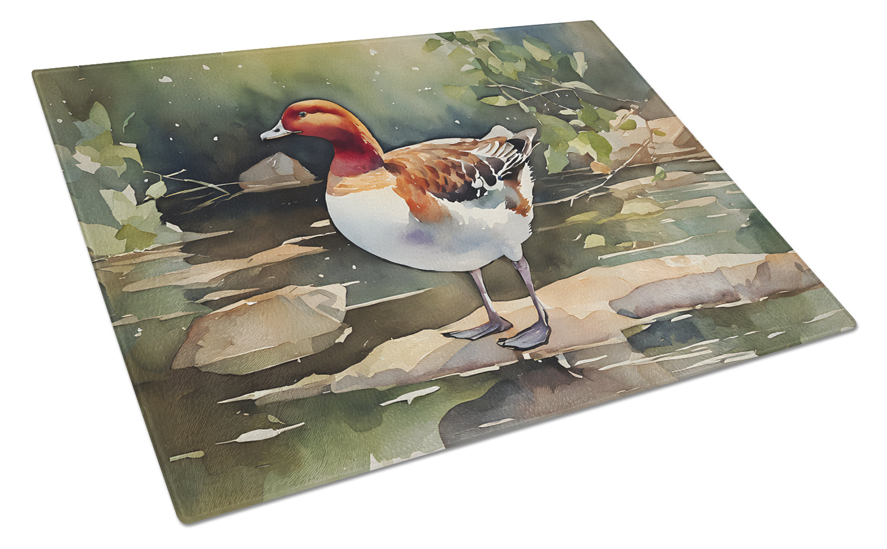Redhead Duck Standing by Water Cutting Board Tempered Glass Kitchen Cutting Surface, Heat Resistant Chopping, Non-Slip Feet, Food Prep & Serving