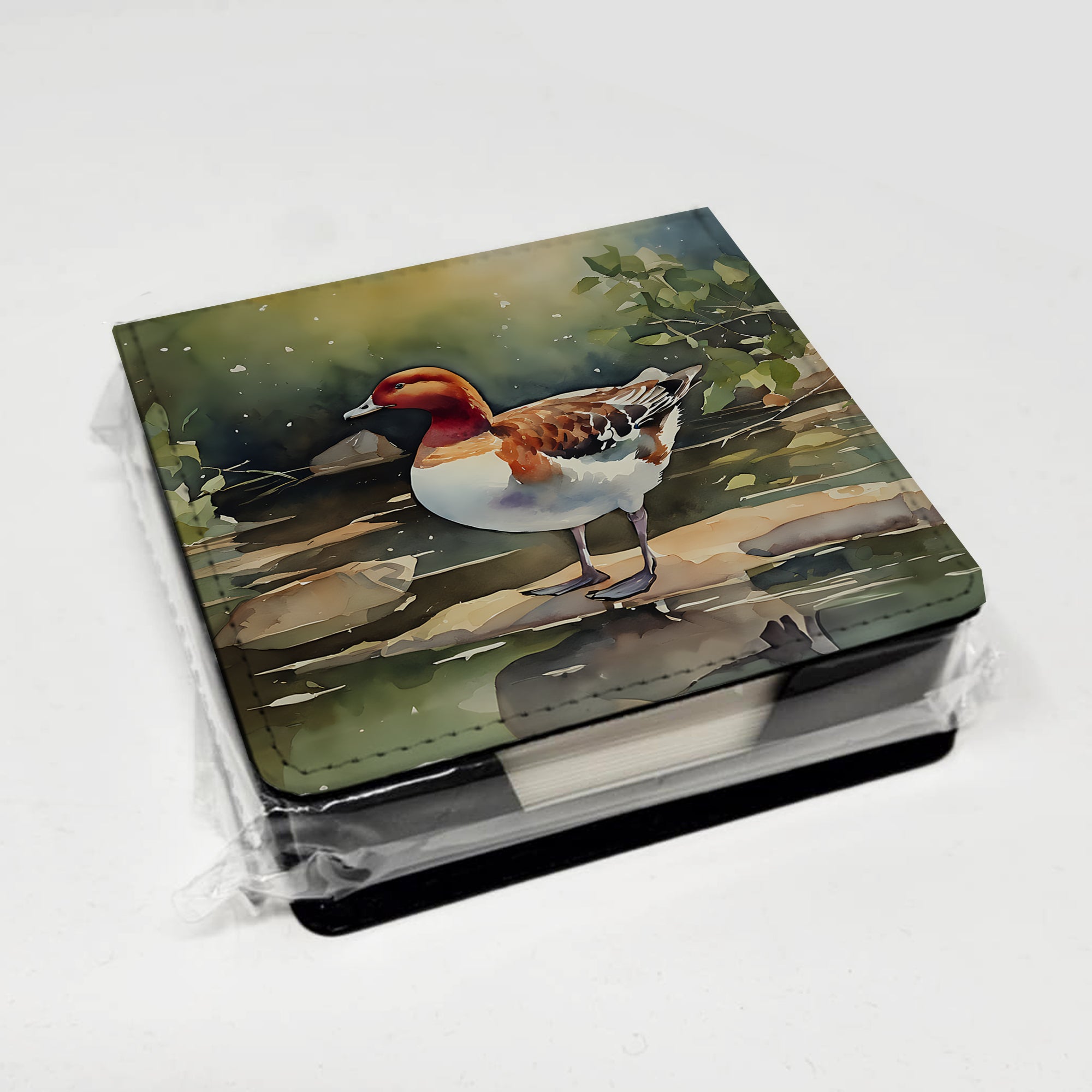 Redhead Duck Standing by Water PU Leather Note Paper Holder with Artist-Designed Cover, Desk Accessory, Office Gift