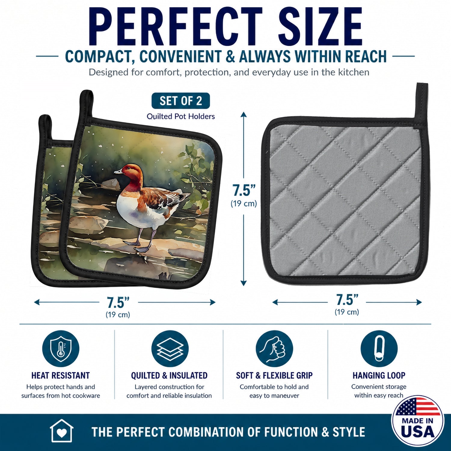 Redhead Duck Standing by Water Pot Holder Set of 2 Heat Resistant Quilted Hot Pads 7.5 x 7.5 Inch, Insulated Kitchen Trivets for Cooking & Baking