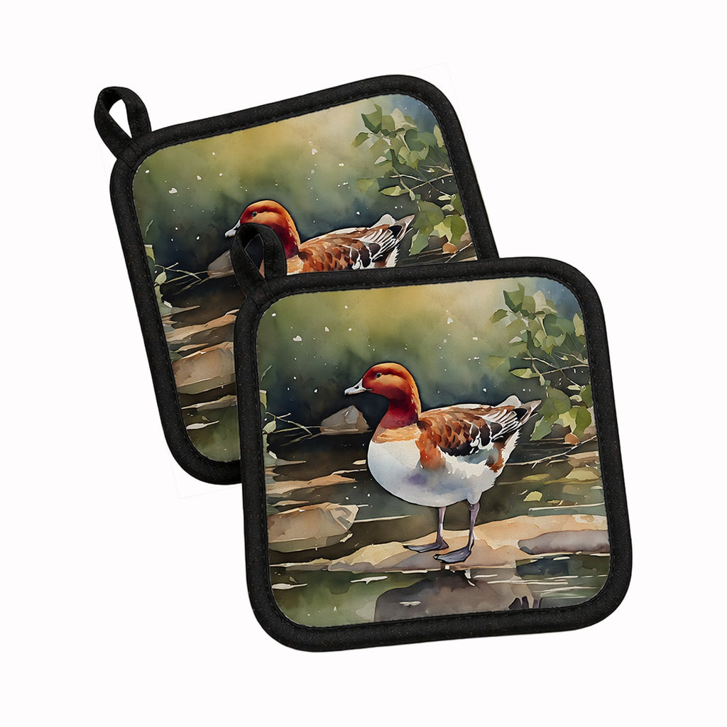 Redhead Duck Standing by Water Pot Holder Set of 2 Heat Resistant Quilted Hot Pads 7.5 x 7.5 Inch, Insulated Kitchen Trivets for Cooking & Baking