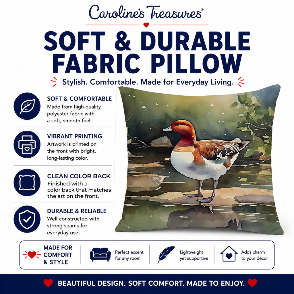 Redhead Duck Standing by Water Decorative Throw Pillow 14x14 Indoor Outdoor Accent Cushion, Fabric Cover with Insert for Sofa, Bed, Porch & Living Room
