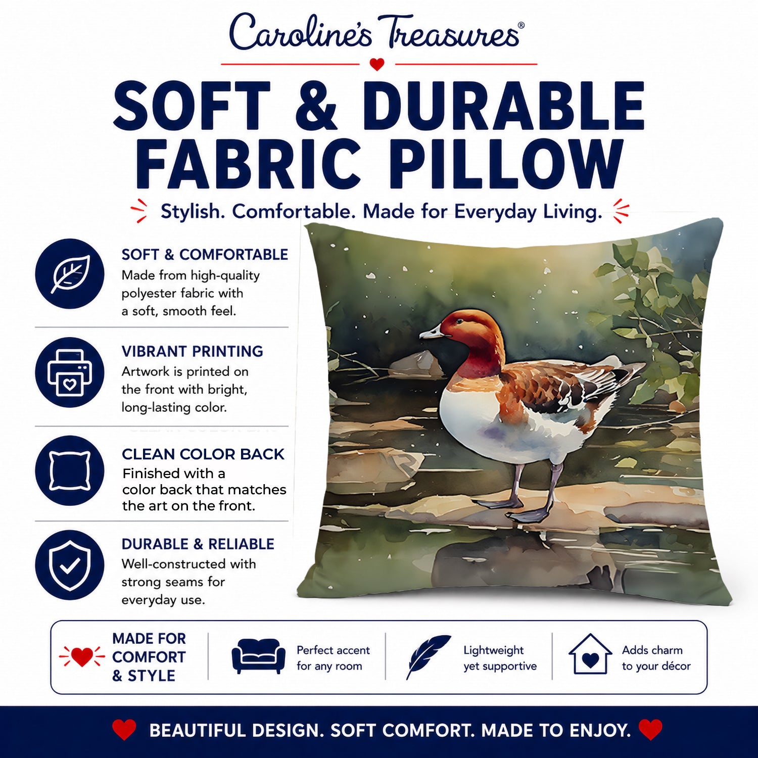 Redhead Duck Standing by Water Decorative Throw Pillow 14x14 Indoor Outdoor Accent Cushion, Fabric Cover with Insert for Sofa, Bed, Porch & Living Room