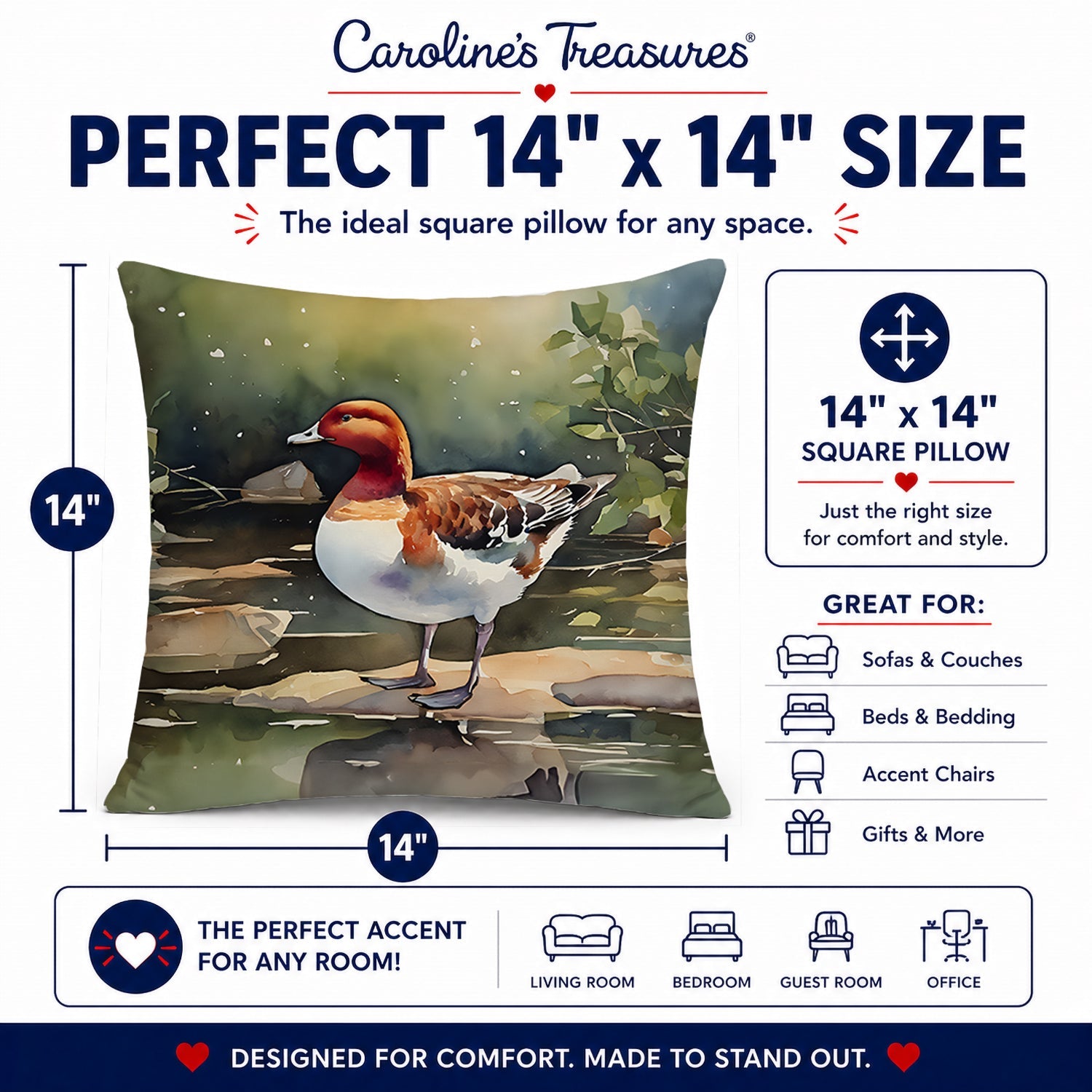 Redhead Duck Standing by Water Decorative Throw Pillow 14x14 Indoor Outdoor Accent Cushion, Fabric Cover with Insert for Sofa, Bed, Porch & Living Room
