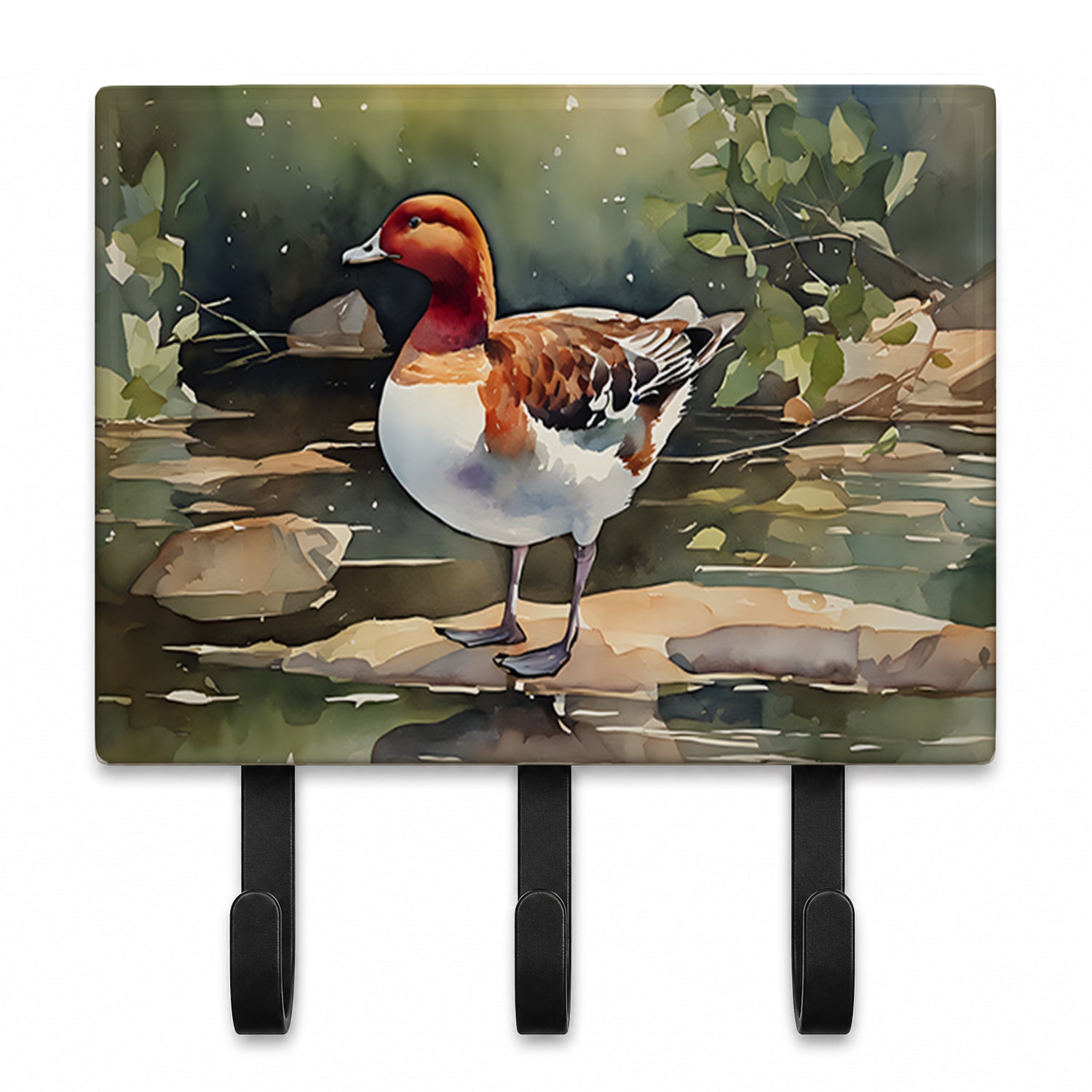 Redhead Duck Standing by Water Leash or Key Holder Wall Hooks, Coat Rack Wall Mount, for Hanging Keys, Towels, Aprons, Leashes