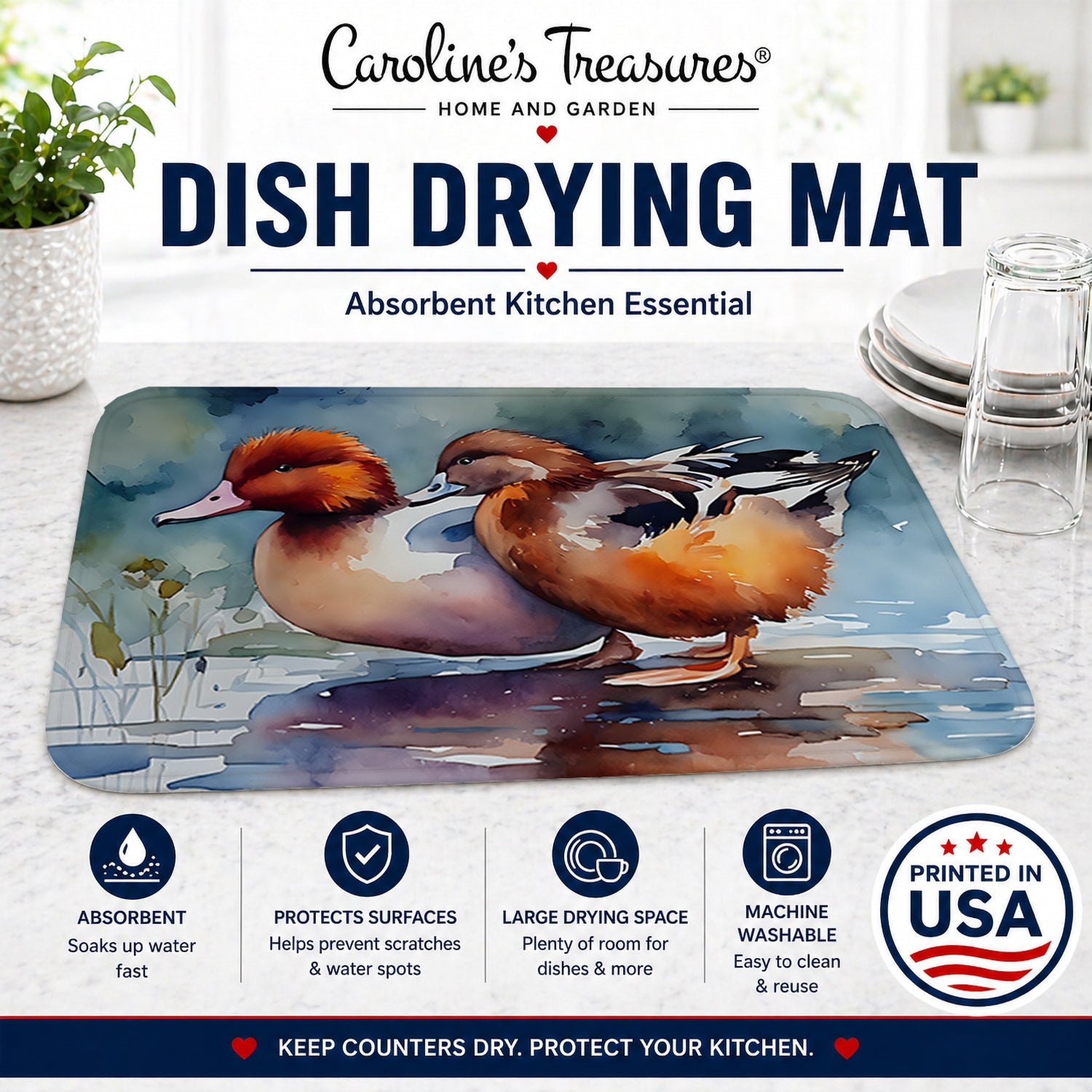 Redhead Duck Pair of Ducks Swimming Dish Drying Mat Absorbent Dish Drying Mat Pad for Kitchen Counter Dish Drainer Mat for Countertop, 14 x 21", Multicolor