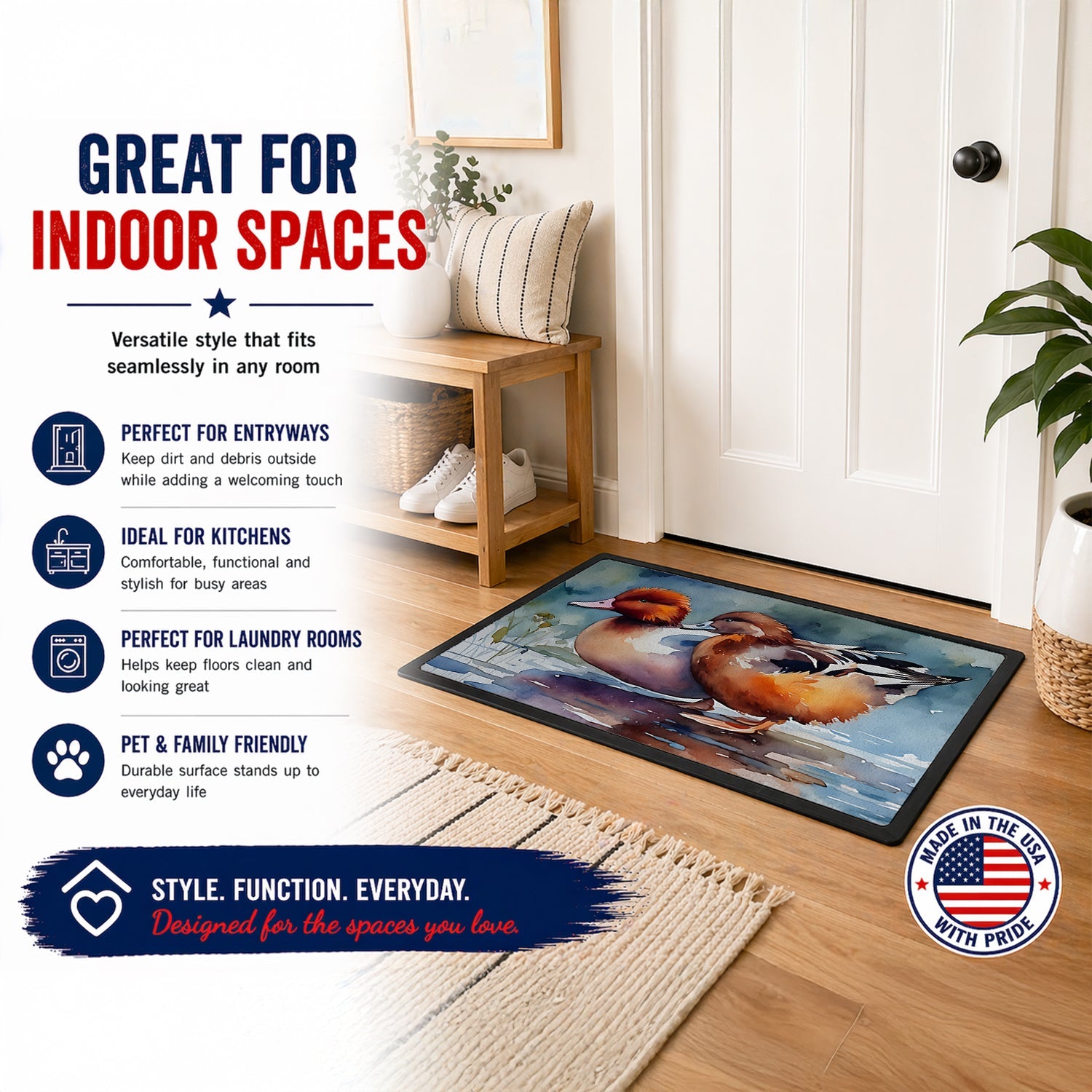 Redhead Duck Pair of Ducks Swimming Doormat Indoor Outdoor 24H X 36W Front Door Mat Rugs for Entryway, Non Slip Washable Low Pile,