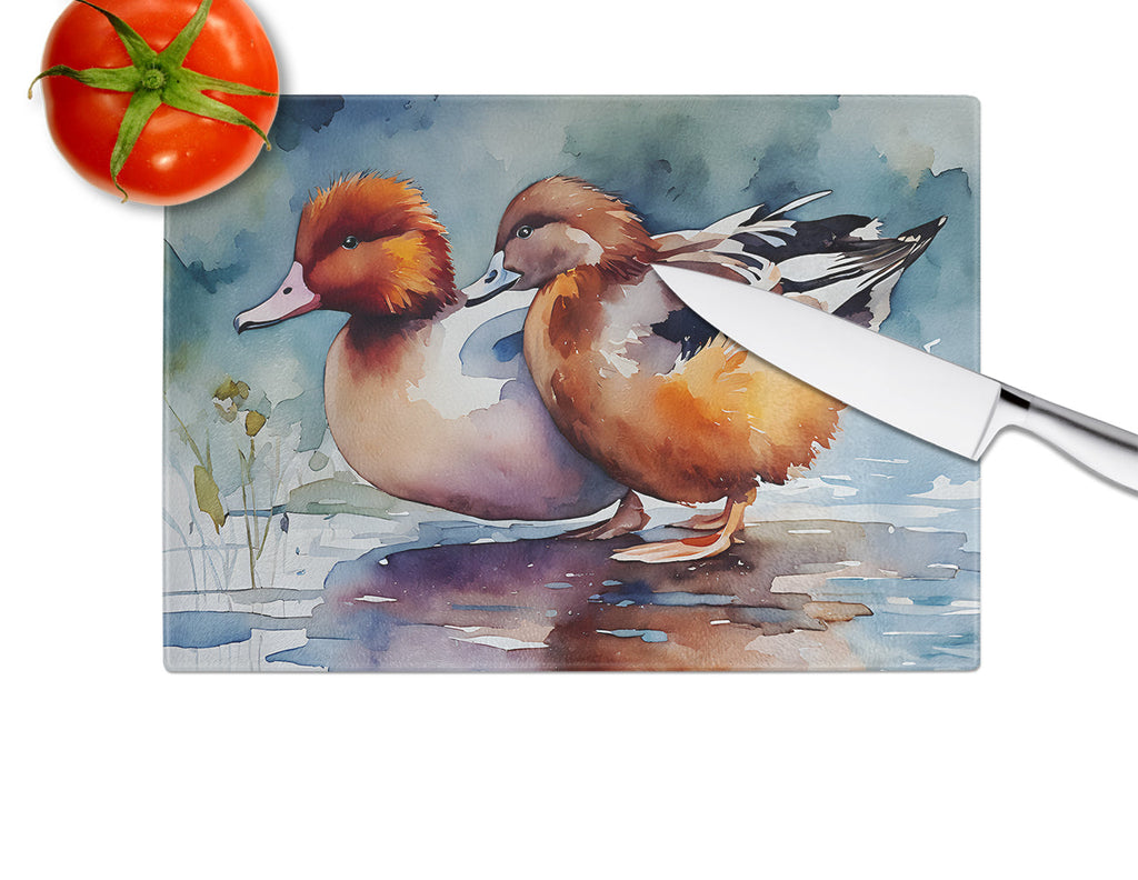 Redhead Duck Pair of Ducks Swimming Cutting Board Tempered Glass Kitchen Cutting Surface, Heat Resistant Chopping, Non-Slip Feet, Food Prep & Serving