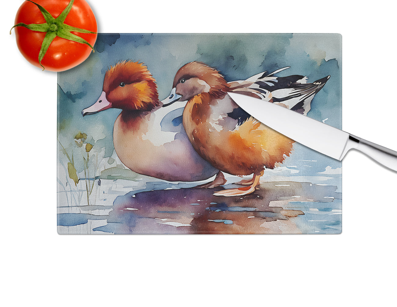 Redhead Duck Pair of Ducks Swimming Cutting Board Tempered Glass Kitchen Cutting Surface, Heat Resistant Chopping, Non-Slip Feet, Food Prep & Serving