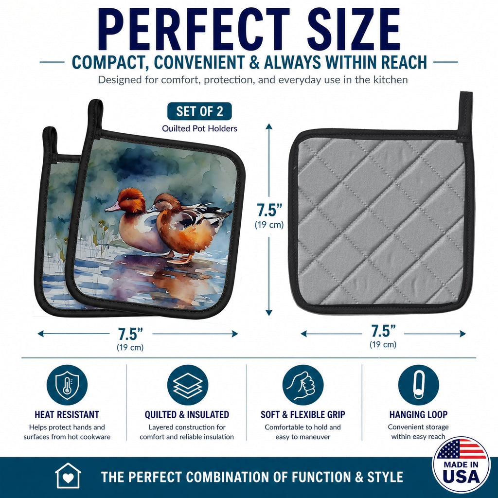 Redhead Duck Pair of Ducks Swimming Pot Holder Set of 2 Heat Resistant Quilted Hot Pads 7.5 x 7.5 Inch, Insulated Kitchen Trivets for Cooking & Baking