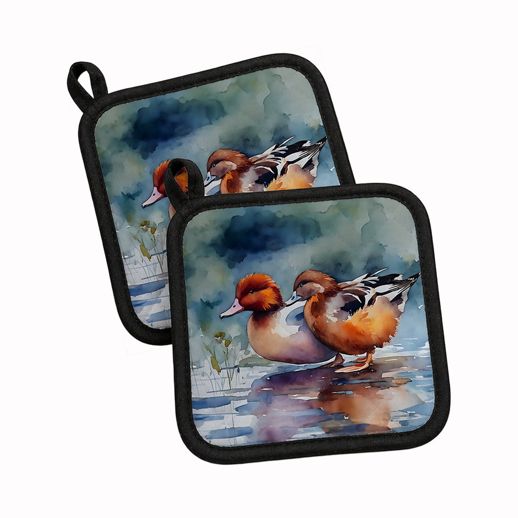 Redhead Duck Pair of Ducks Swimming Pot Holder Set of 2 Heat Resistant Quilted Hot Pads 7.5 x 7.5 Inch, Insulated Kitchen Trivets for Cooking & Baking