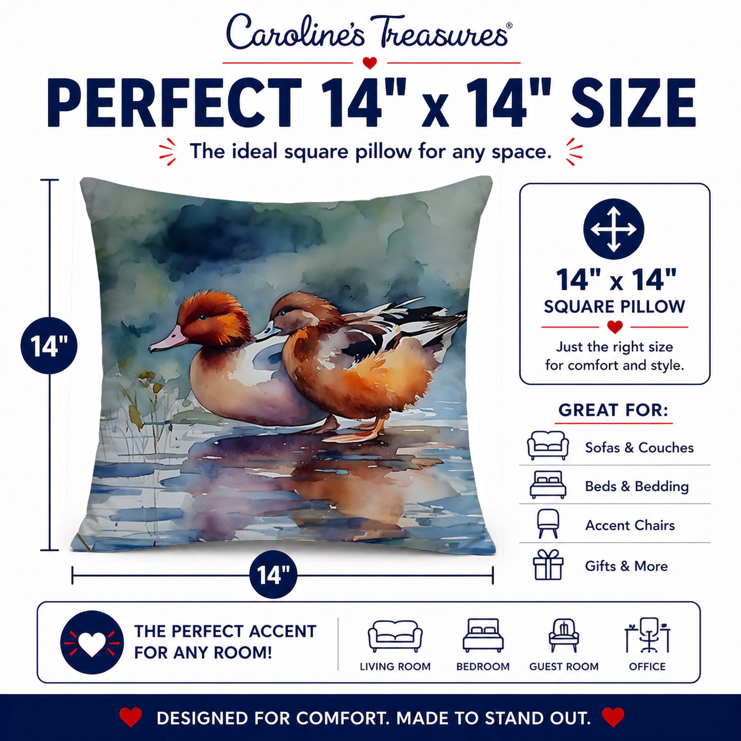 Redhead Duck Pair of Ducks Swimming Decorative Throw Pillow 14x14 Indoor Outdoor Accent Cushion, Fabric Cover with Insert for Sofa, Bed, Porch & Living Room