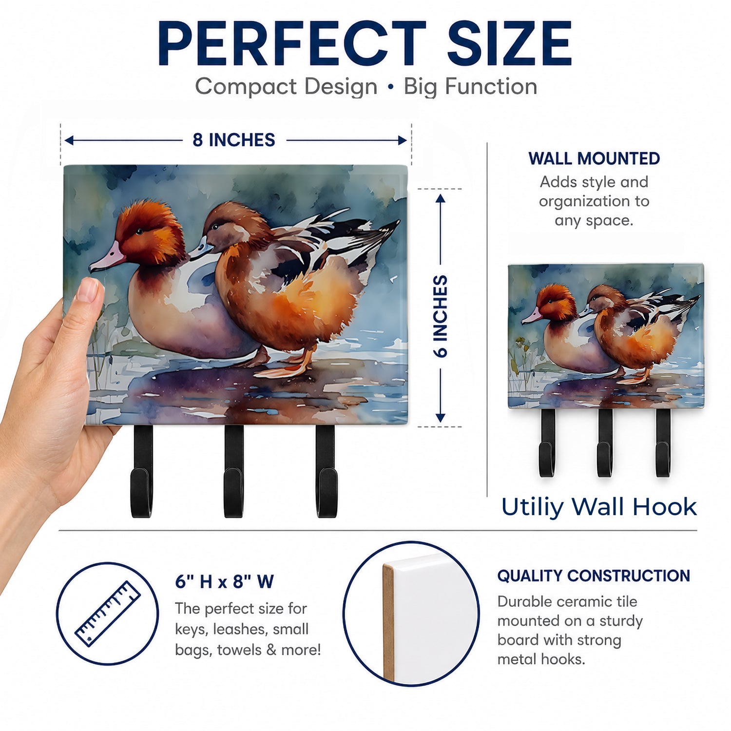Redhead Duck Pair of Ducks Swimming Leash or Key Holder Wall Hooks, Coat Rack Wall Mount, for Hanging Keys, Towels, Aprons, Leashes