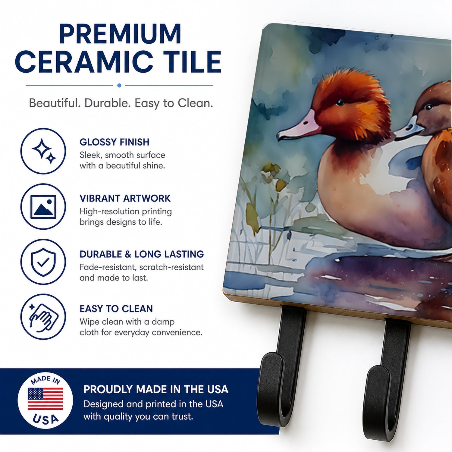 Redhead Duck Pair of Ducks Swimming Leash or Key Holder Wall Hooks, Coat Rack Wall Mount, for Hanging Keys, Towels, Aprons, Leashes