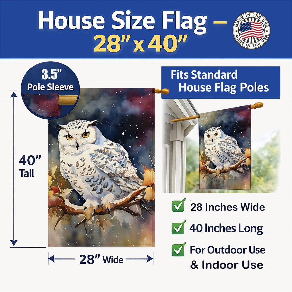 Snowy Owl with Autumn Leaves House Flag 28x40 Porch Sleeve Pole Decorative Outside Yard Banner Artwork Wall Hanging, Polyester