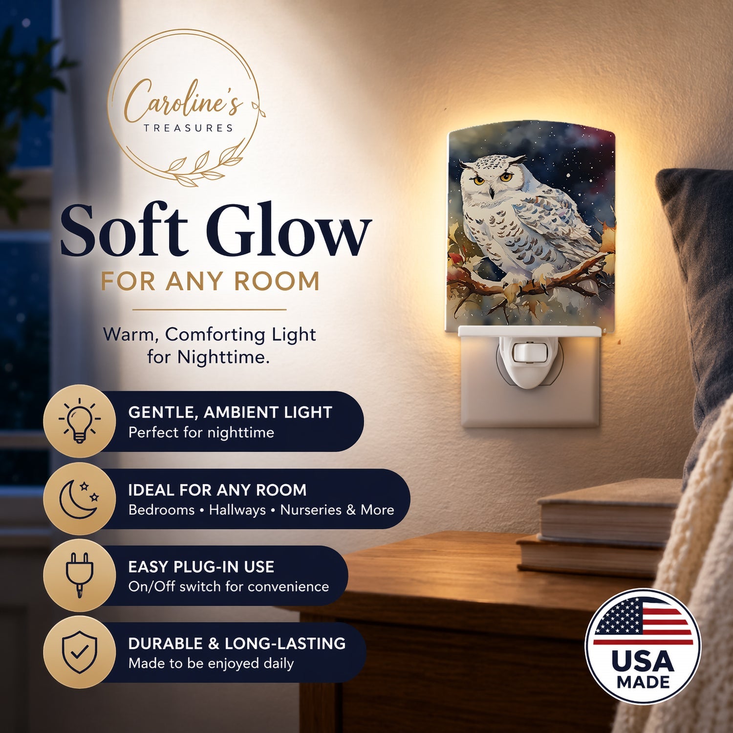 Snowy Owl with Autumn Leaves Ceramic Night Light Compact, UL-Certified, Ideal for Bedroom, Bathroom, Nursery, Hallway, Kitchen, 6x4x3, Multicolor