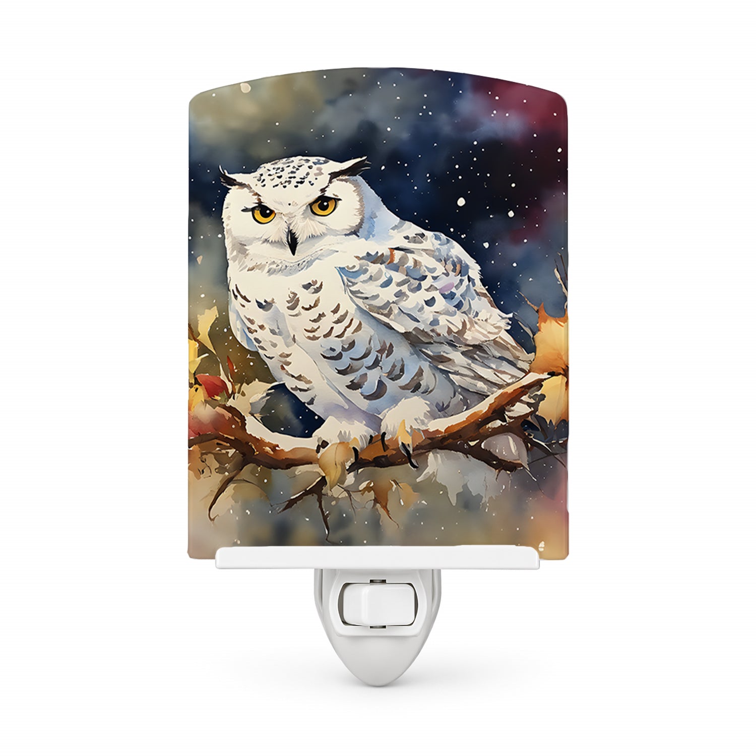 Snowy Owl with Autumn Leaves Ceramic Night Light Compact, UL-Certified, Ideal for Bedroom, Bathroom, Nursery, Hallway, Kitchen, 6x4x3, Multicolor