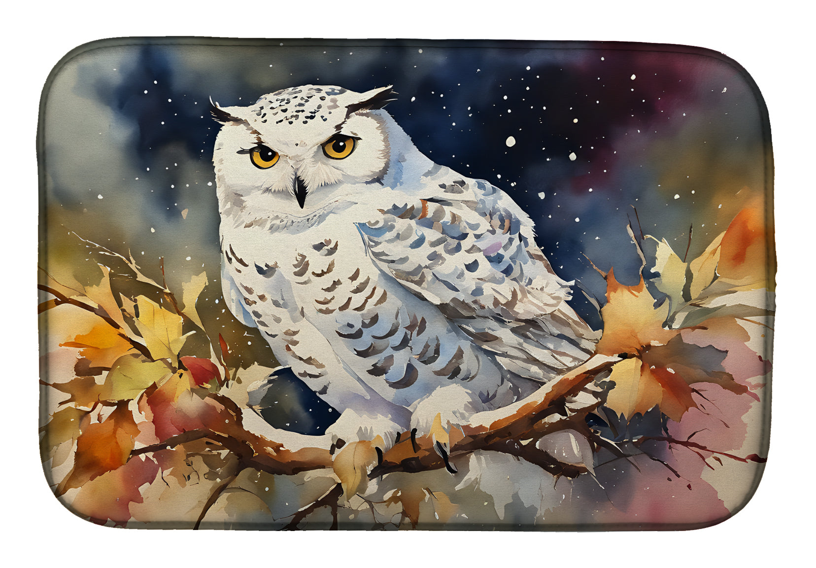 Snowy Owl with Autumn Leaves Dish Drying Mat Absorbent Dish Drying Mat Pad for Kitchen Counter Dish Drainer Mat for Countertop, 14 x 21", Multicolor