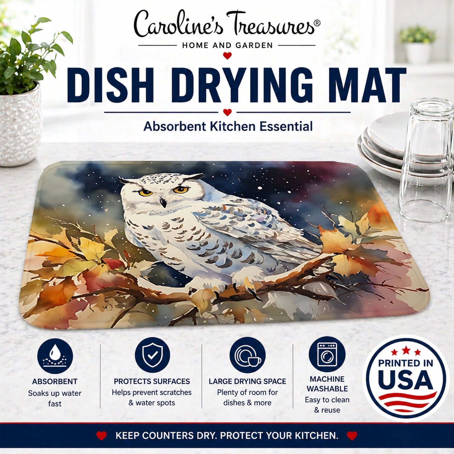 Snowy Owl with Autumn Leaves Dish Drying Mat Absorbent Dish Drying Mat Pad for Kitchen Counter Dish Drainer Mat for Countertop, 14 x 21", Multicolor