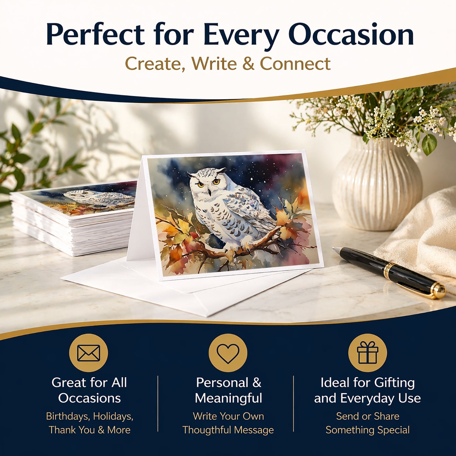 Snowy Owl with Autumn Leaves Greeting Cards Pack of 8 Blank Cards with Envelopes Whimsical A7 Size 5x7