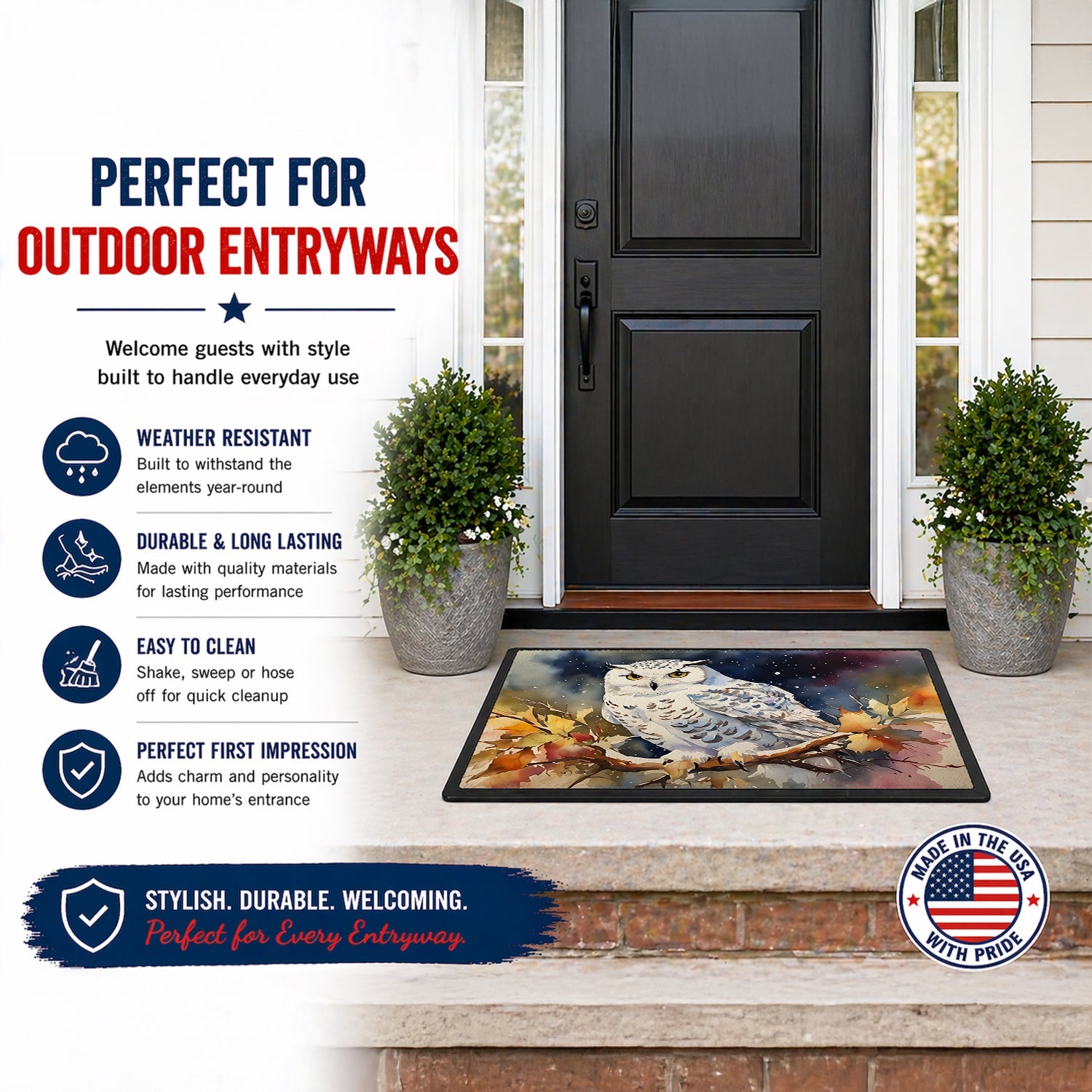 Snowy Owl with Autumn Leaves Doormat Indoor Outdoor 24H X 36W Front Door Mat Rugs for Entryway, Non Slip Washable Low Pile,