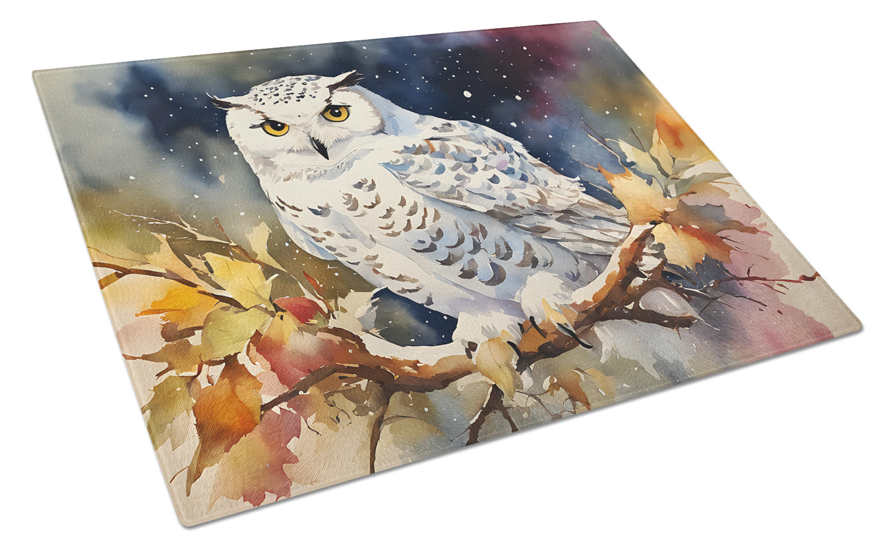 Snowy Owl with Autumn Leaves Cutting Board Tempered Glass Kitchen Cutting Surface, Heat Resistant Chopping, Non-Slip Feet, Food Prep & Serving