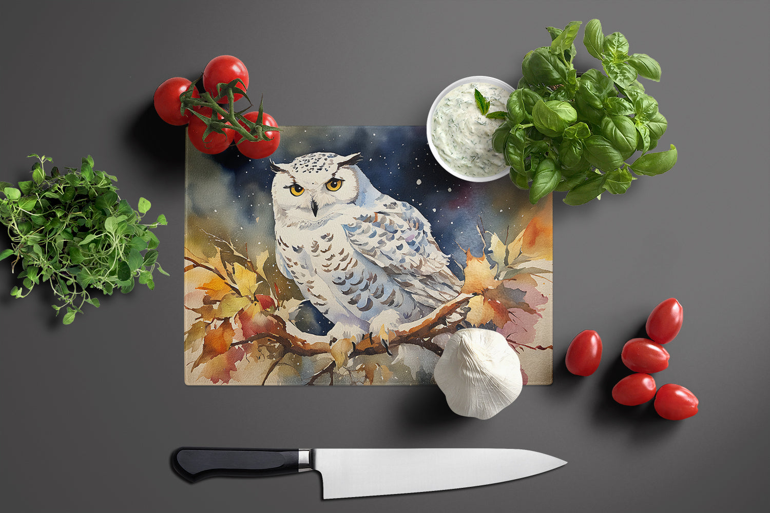 Snowy Owl with Autumn Leaves Cutting Board Tempered Glass Kitchen Cutting Surface, Heat Resistant Chopping, Non-Slip Feet, Food Prep & Serving