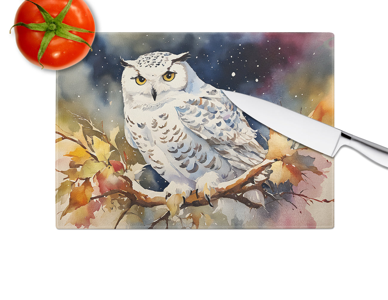 Snowy Owl with Autumn Leaves Cutting Board Tempered Glass Kitchen Cutting Surface, Heat Resistant Chopping, Non-Slip Feet, Food Prep & Serving