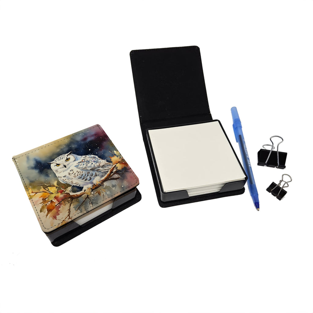 Snowy Owl with Autumn Leaves PU Leather Note Paper Holder with Artist-Designed Cover, Desk Accessory, Office Gift