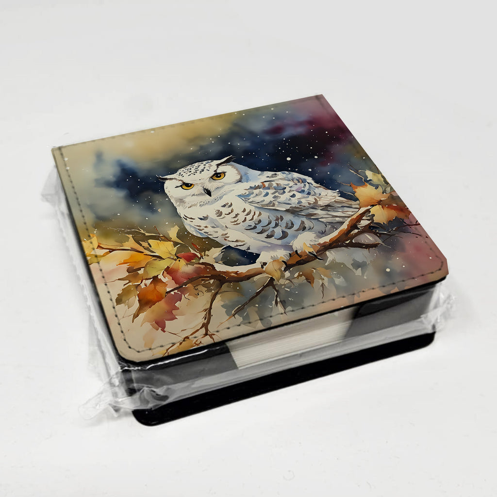Snowy Owl with Autumn Leaves PU Leather Note Paper Holder with Artist-Designed Cover, Desk Accessory, Office Gift