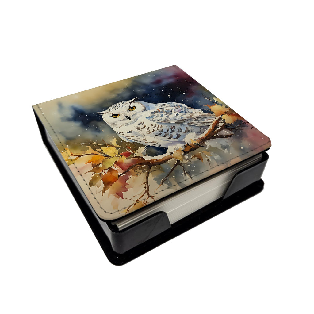 Snowy Owl with Autumn Leaves PU Leather Note Paper Holder with Artist-Designed Cover, Desk Accessory, Office Gift