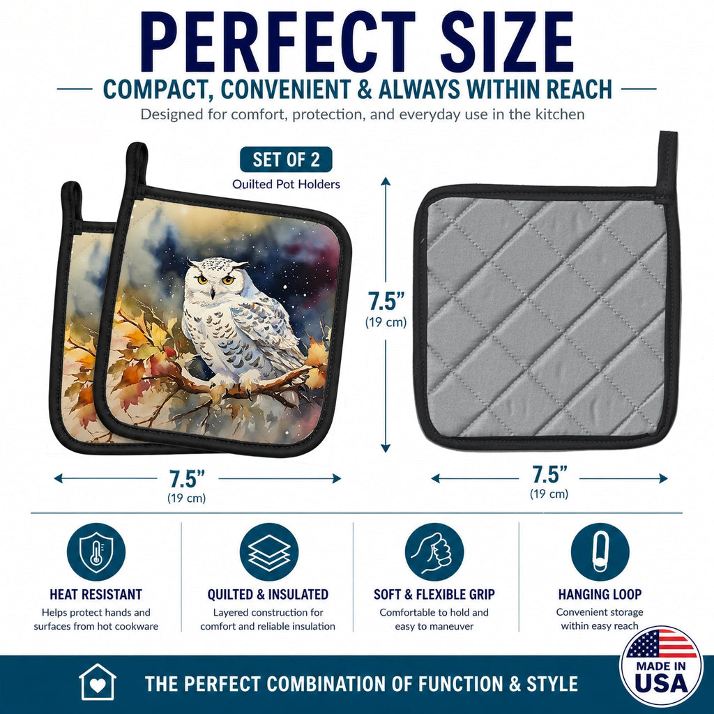 Snowy Owl with Autumn Leaves Pot Holder Set of 2 Heat Resistant Quilted Hot Pads 7.5 x 7.5 Inch, Insulated Kitchen Trivets for Cooking & Baking