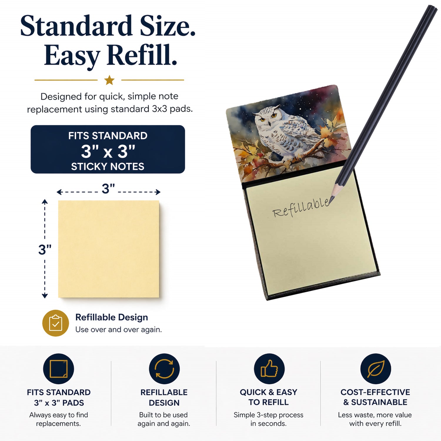 Snowy Owl with Autumn Leaves Watercolor Sticky Note Holder Refillable Dispenser Desk Accessory 3x3 Pad Gift