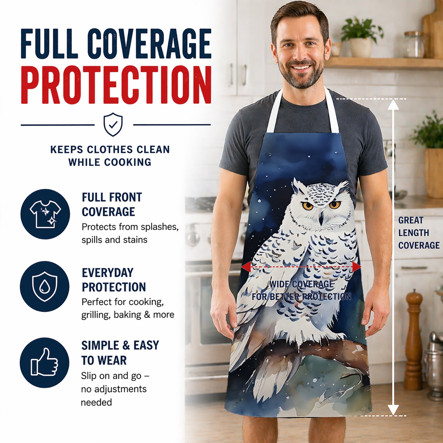 Snowy Owl Night Sky Watercolor Apron Cooking Kitchen Server Baking Crafts Gardening for Adult Women Men, Unisex, Large, Multicolor