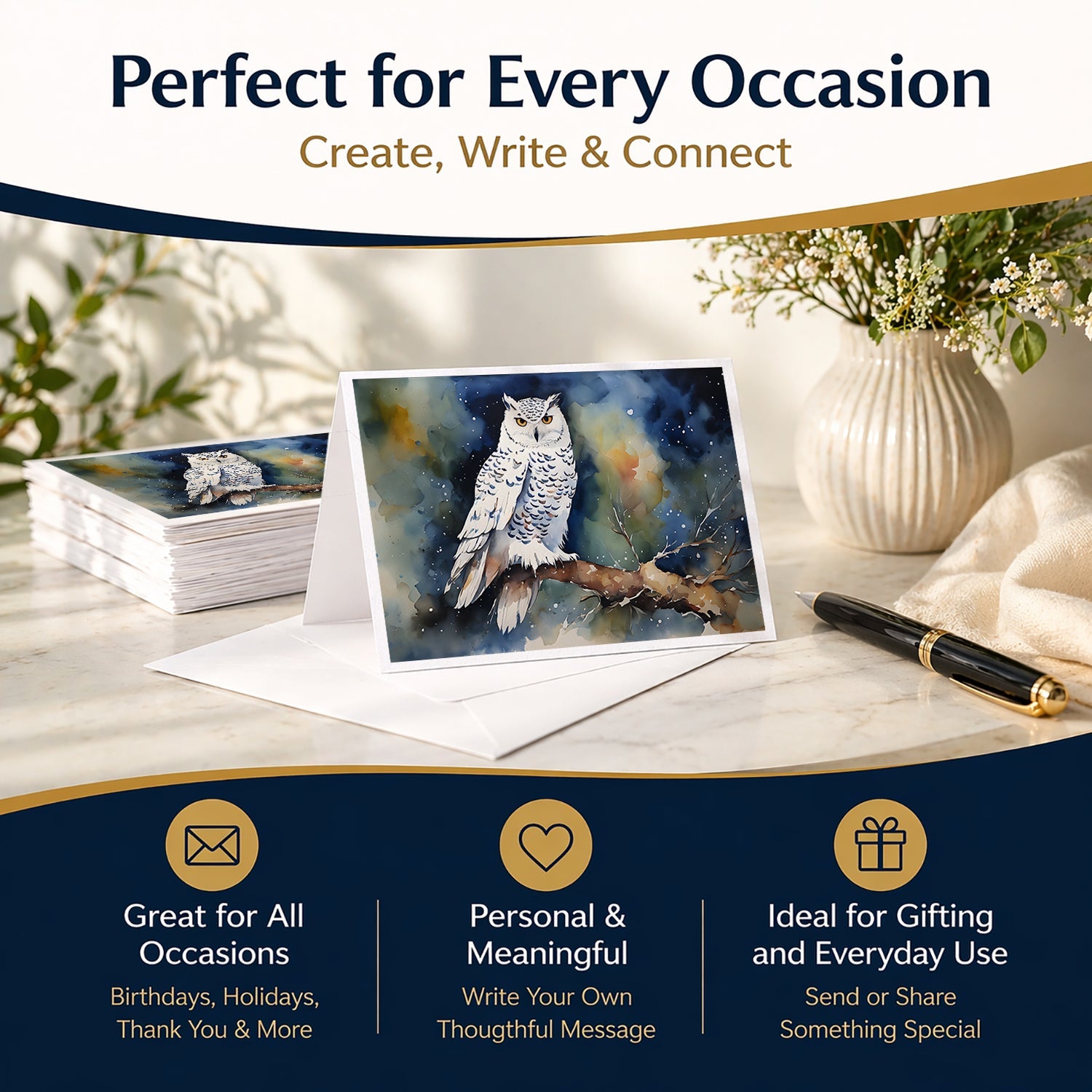 Snowy Owl Night Sky Watercolor Greeting Cards Pack of 8 Blank Cards with Envelopes Whimsical A7 Size 5x7