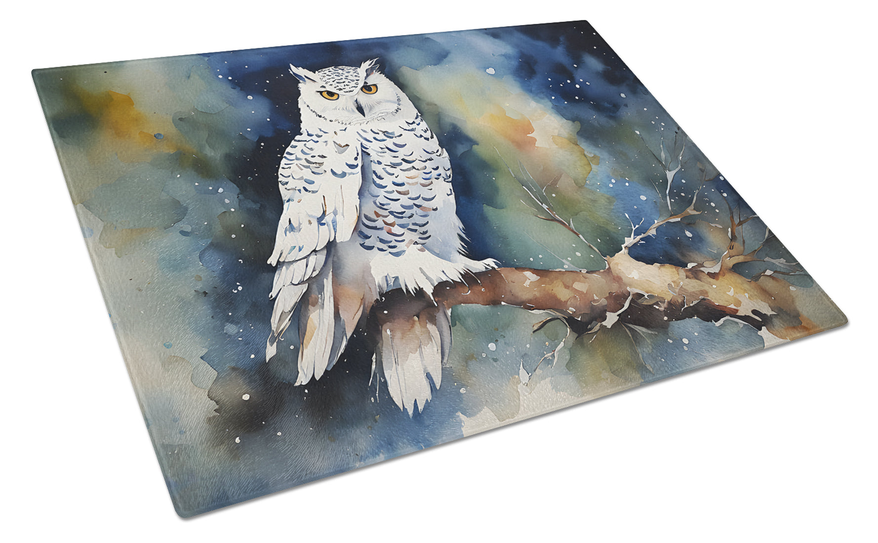 Snowy Owl Night Sky Watercolor Cutting Board Tempered Glass Kitchen Cutting Surface, Heat Resistant Chopping, Non-Slip Feet, Food Prep & Serving