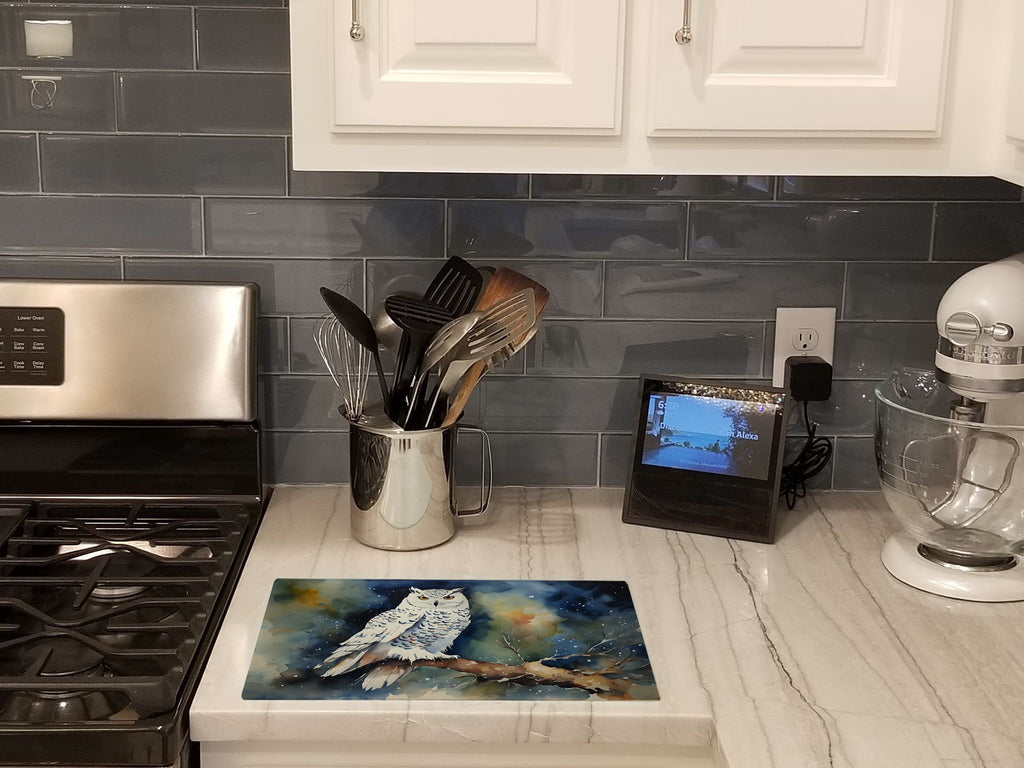 Snowy Owl Night Sky Watercolor Cutting Board Tempered Glass Kitchen Cutting Surface, Heat Resistant Chopping, Non-Slip Feet, Food Prep & Serving