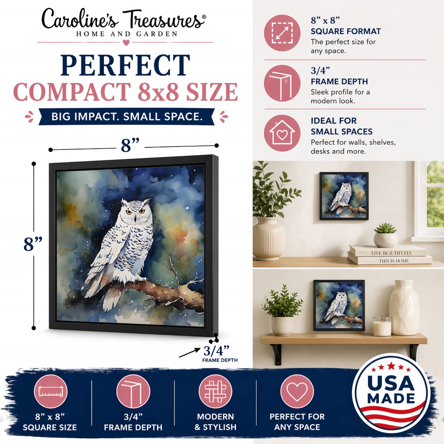 Snowy Owl Night Sky Watercolor Framed Metal Print Bathroom, Kitchen, Office, Home Decor Wall Art Ready to Hang, Square, 8X8