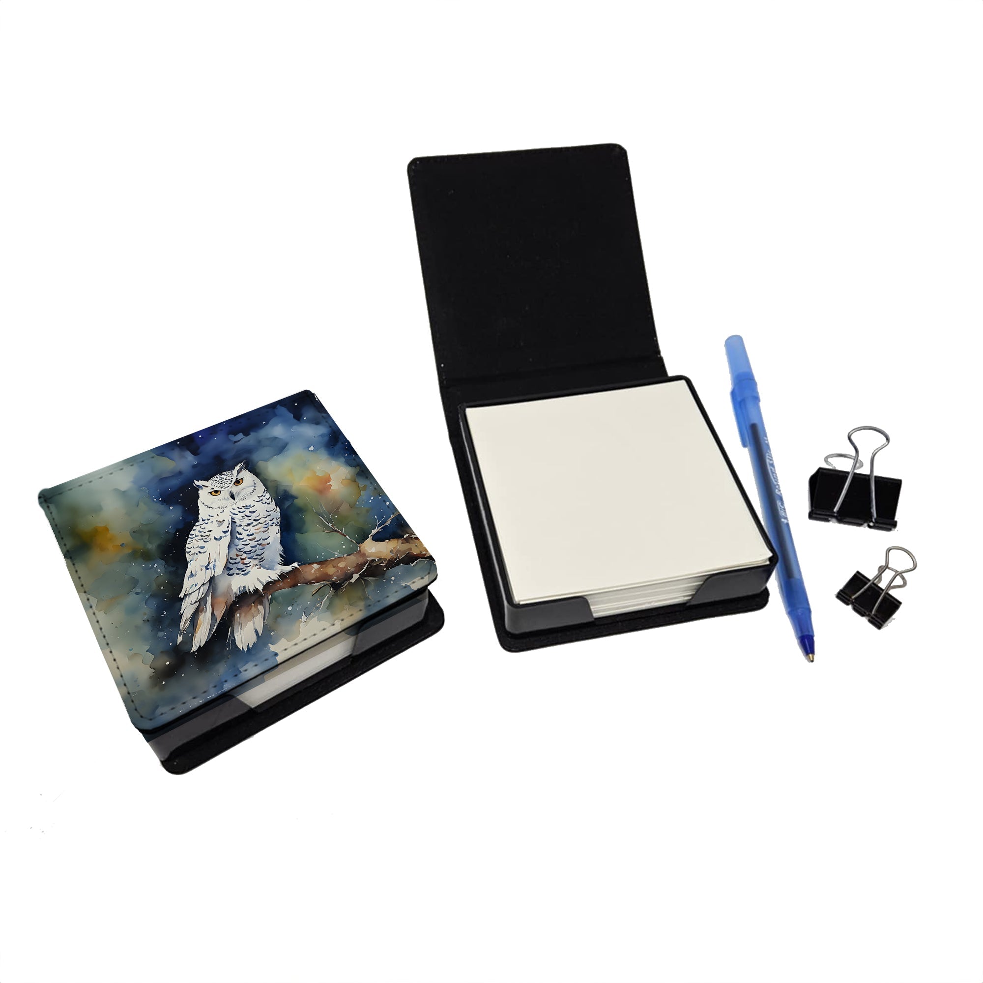 Snowy Owl Night Sky Watercolor PU Leather Note Paper Holder with Artist-Designed Cover, Desk Accessory, Office Gift