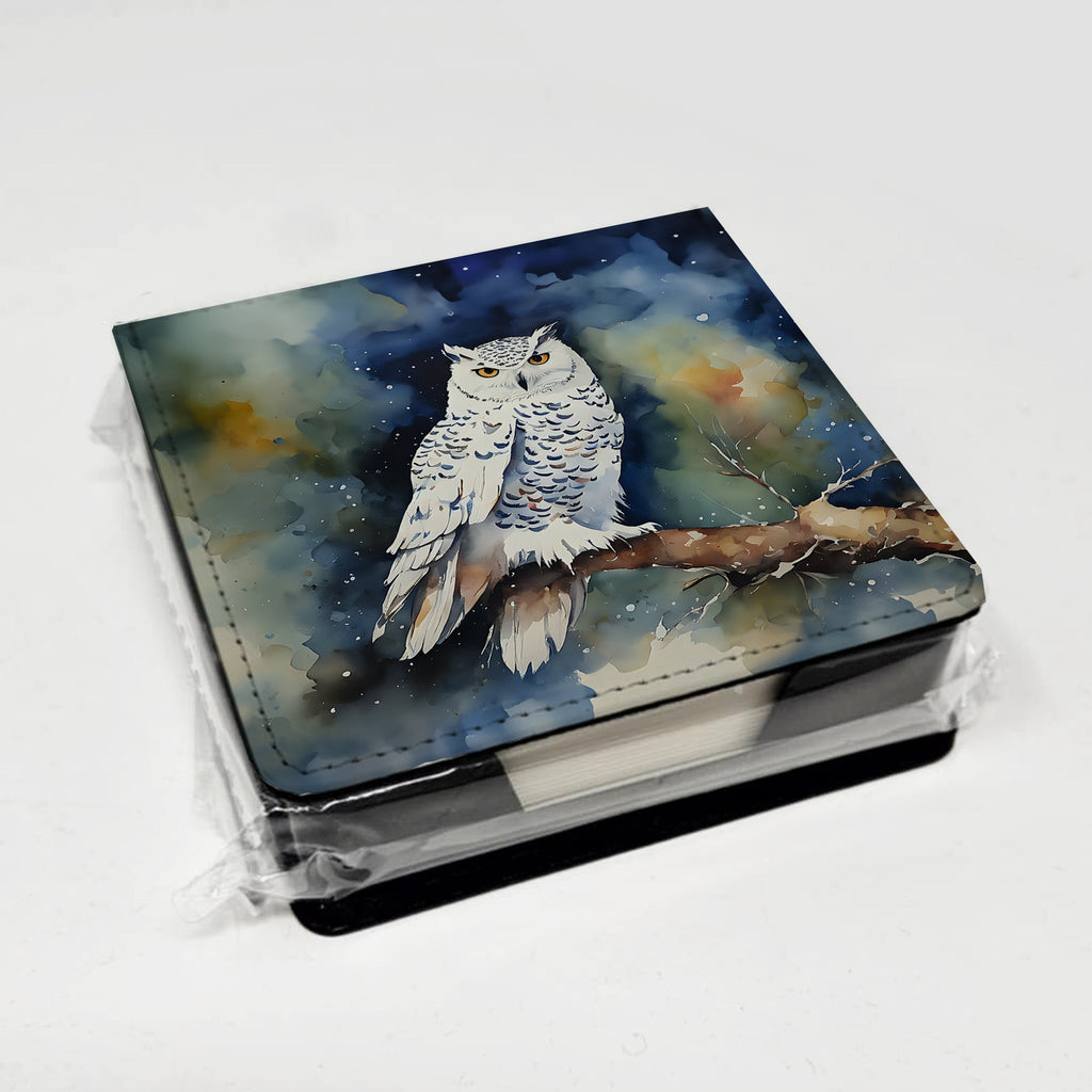 Snowy Owl Night Sky Watercolor PU Leather Note Paper Holder with Artist-Designed Cover, Desk Accessory, Office Gift